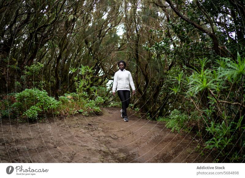 Black woman walking along path in forest tourist calm tree park alone countryside female young casual african american ethnic black serious green environment