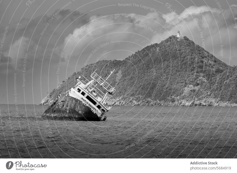 Shipwreck on Secluded Black and White Beach - North coast shipwreck beach black and white secluded stranded photo remote mountainous backdrop dramatic clouds