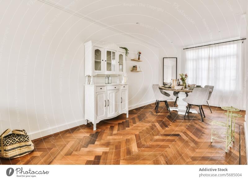 Elegant dining room with classic wooden furniture interior modern wooden floor herringbone cabinet white elegant natural light design contemporary home decor