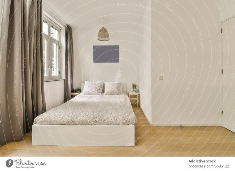 Modern minimalist bedroom with natural light modern cozy comfortable hardwood floor curtain window interior design home simplicity furniture elegant decor white