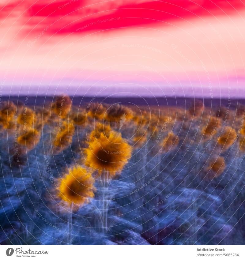 Vivid reds and purples paint the sky above a blurred field of sunflowers at dusk, creating a surreal landscape vibrant nature evening twilight floral color
