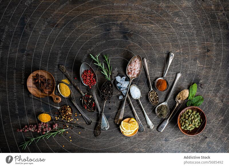 Assorted spices and seeds in spoons on a wooden background flatlay sunflower anise rosemary mint lemon ginger salt pepper paprika turmeric powder herb sea salt