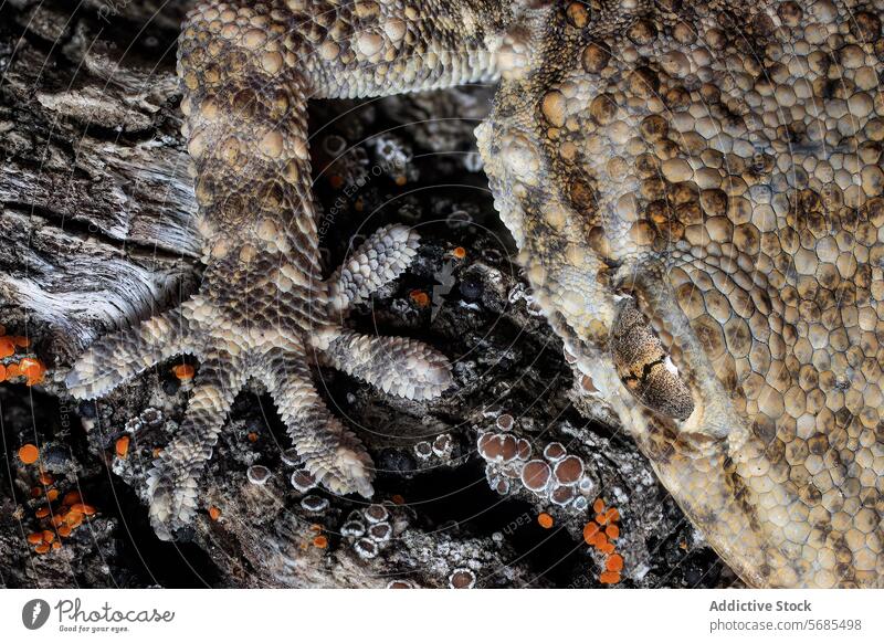 Close-up of a Tarentola mauritanica on textured bark gecko tarentola mauritanica skin scale close-up macro detail reptile species common gecko animal wildlife