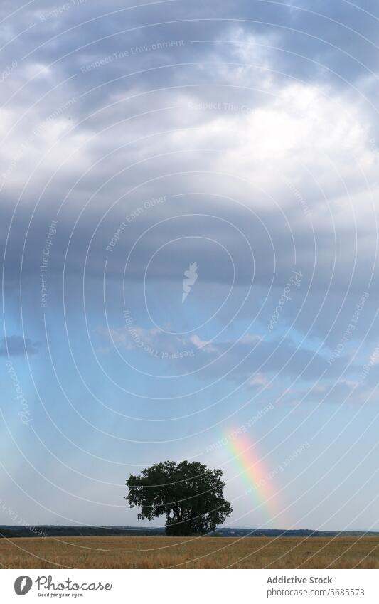 Solitary Tree and Faint Rainbow in Expansive Sky sky tree rainbow nature solitude vast scenery hope landscape outdoor field horizon solitary clouds faint