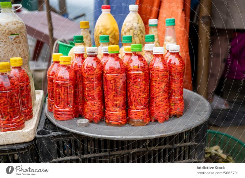 Plastic bottles of pickled red hot peppers red chili stall spicy local assorted street bazaar store food ingredient town plastic various sell product container