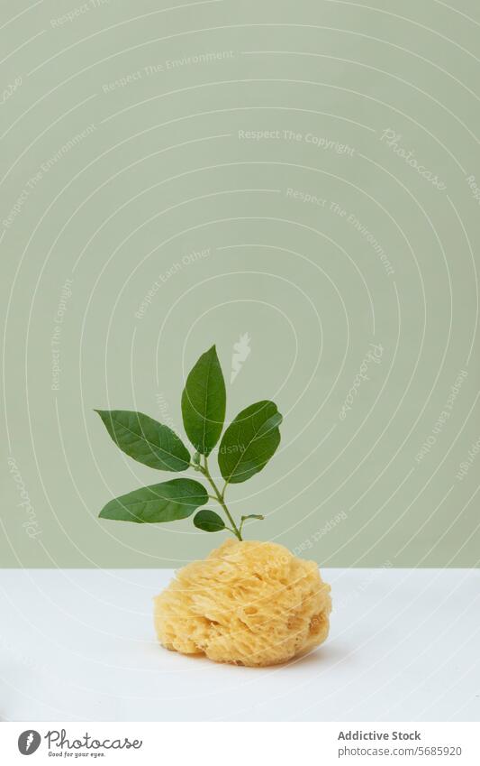 Natural sponge and green leaves against pastel background natural eco-friendly organic hygiene concept serene backdrop environment clean wash bath skincare leaf