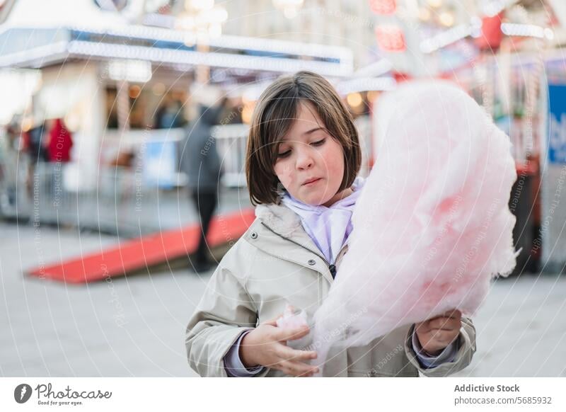 Girl in a beige coat playfully eating cotton candy on a busy blurred street background t funfair girl enjoying sweet treat dessert fluffy pink confection urban