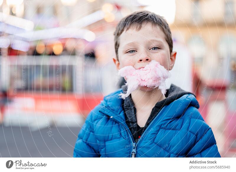 Happy boy looking at camera with cotton candy stuck to his face enjoys a fun day at the funfair amusement treat sweet sticky outdoor child sugary dessert snack