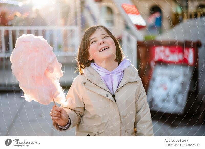 Cheerful smiling girl with eyes closed holding a large cotton candy at a sunny fairground smile amusement treat sweet fluffy outdoor child sugary dessert