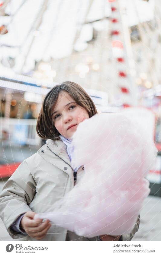 Girl in a beige coat playfully eating cotton candy on a busy blurred street background funfair looking away girl enjoying delight blurred background sweet treat
