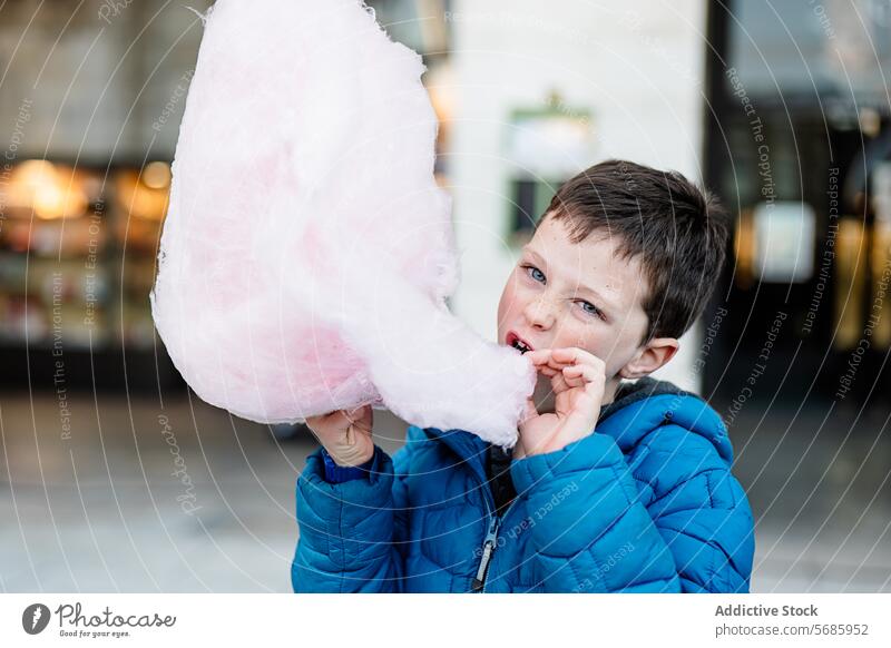 A boy in a blue jacket looking at camera while biting into a fluffy pink cotton candy taste snack confection sweet sugary treat dessert indulgence enjoyment