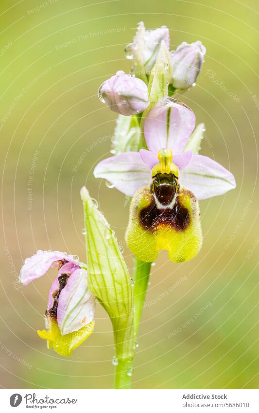 Ophrys ficalhoana in bloom with detailed petals and sepals. ophrys ficalhoana flower orchid close-up nature intricate floral wild plant green soft background