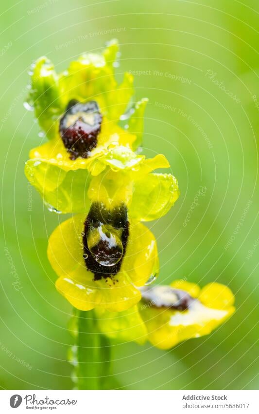 Vibrant Ophrys Lutea in Bloom ophrys lutea orchid close-up yellow dew petals bloom pattern flower vibrant bright nature macro soft background green fresh spring