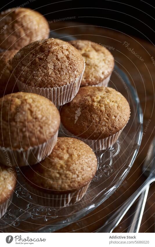 Homemade golden brown muffins on glass stand baked plate serving dessert sweet pastry close-up food snack breakfast bakery homemade sugar delicious treat