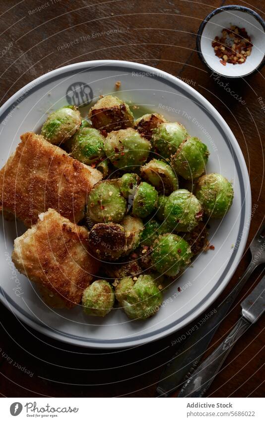 Pan-fried brussels sprouts and crispy fish fillets on a plate pan-fried golden brown ceramic plate meal rustic chili flake side dish wooden table food dinner