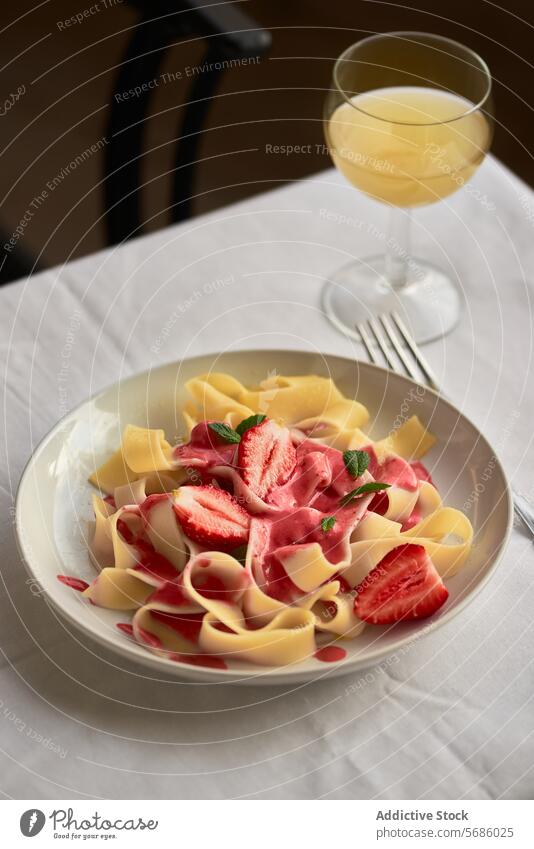 Gourmet pasta with strawberry sauce and fresh berries cream sauce fruit mint garnish stylish plate white wine glass gourmet dish food cuisine italian dessert