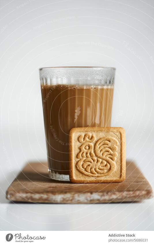 Glass of coffee with a square biscuit on a wooden plate tea latte coaster glass froth creamy warm cozy clear rustic intricate design drink beverage milk foam