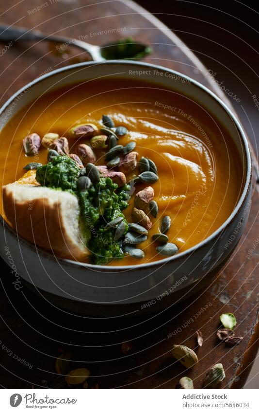 Rustic pumpkin soup bowl with seeds and pesto pistachio wooden surface rustic creamy garnished warm vibrant green served food cuisine healthy vegetarian dish