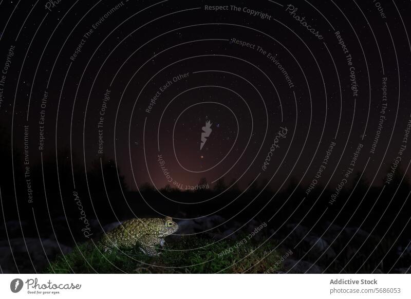 Side view of a frog against a night sky background with visible stars and soft glowing horizon Frog close-up nictitating nature wildlife nocturnal eyes