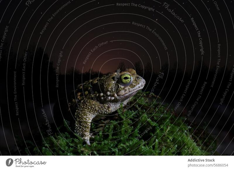 Close-up of a frog against a night sky background with visible stars and soft glowing horizon Frog close-up nictitating nature wildlife nocturnal eyes amphibian