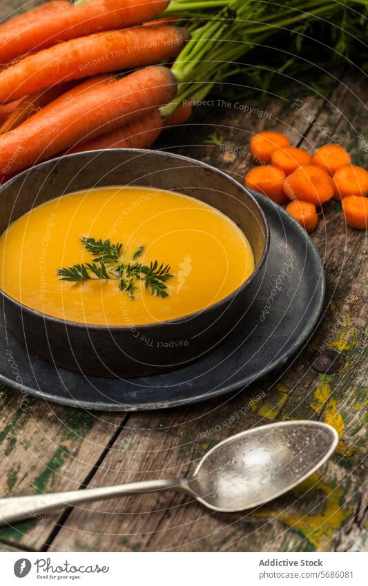 Homemade carrot soup in rustic kitchen setting bowl wooden table creamy garnish fresh herb homemade whole sliced vegetable meal healthy nutritious orange