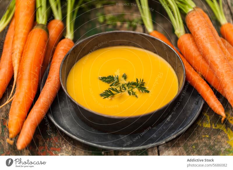 Carrot soup in a black bowl with fresh carrots parsley wooden surface food vegetable orange healthy vegan meal homemade nutrition rustic cooked nutritious puree