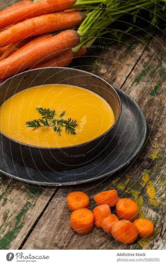 Rustic carrot soup in a bowl with fresh carrots parsley garnish vegetable rustic homemade wooden background weathered food nutrition healthy orange cooked meal