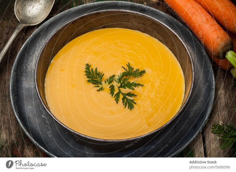 Creamy carrot soup in a rustic bowl with fresh carrots creamy parsley garnish vintage spoon wooden table vibrant orange meal healthy vegetarian vegan dish