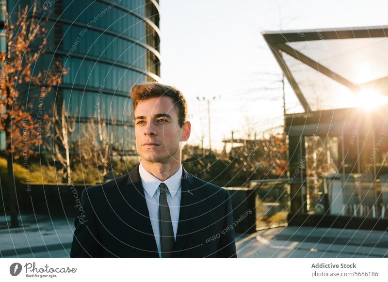 Confident businessman in Madrid during sunset madrid professional suit young confident warm glow spain corporate modern cityscape male executive elegance style