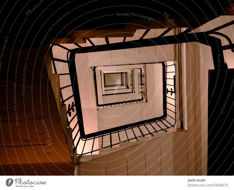 straight staircase with staircase eye Staircase (Hallway) Architecture Banister rail Interior shot Silhouette Worm's-eye view Shadow Neutral Background Symmetry