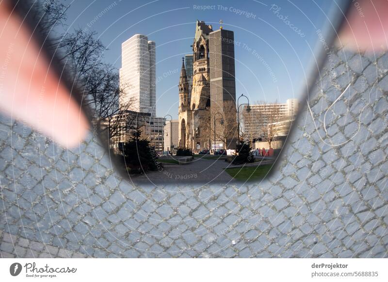 Berlin sights in the reflection: Memorial Church Berlin Winter real estate dwell Copy Space top Downtown Berlin Capital city High-rise Urbanization