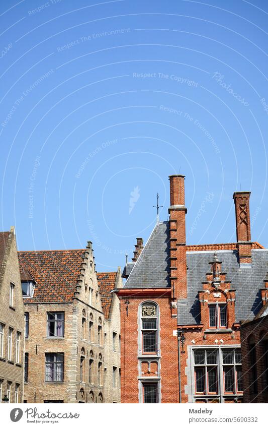 Row of houses with beautiful old stepped gable and brick building in gate brown with chimney in front of blue sky in the sunshine in the alleys of the old town of Bruges in West Flanders in Belgium