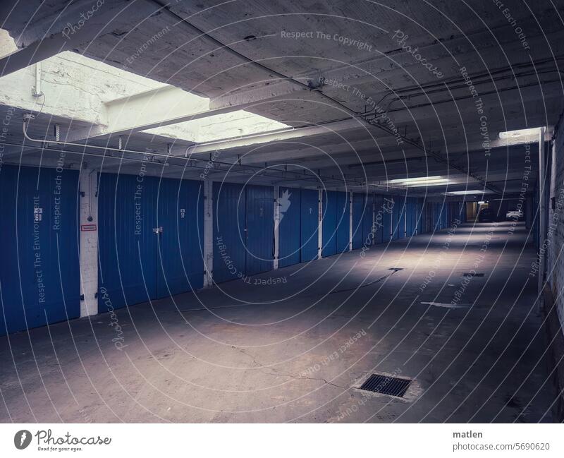 underground car park garages Skylight door Blue Gray Concrete Wall (building) Deserted Colour photo Light and shadow