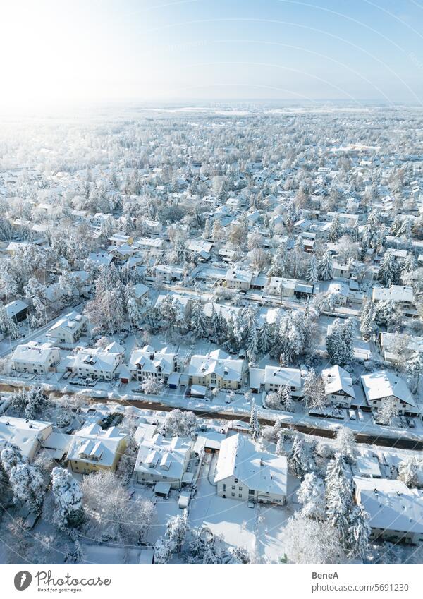 Snow-covered suburban houses seen from above Aerial View Area Bavaria Bird's Eye View City Cold Community Community spirit Commuter town Drone Drone View