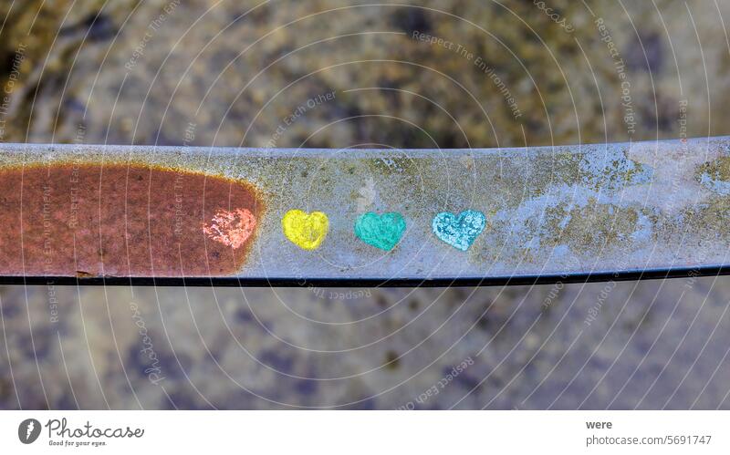 Four coloured hearts are painted on a rusty old and bent bridge railing in Siebenbrunn Augsburg Fugger Railing Valentine's Day city district four historical