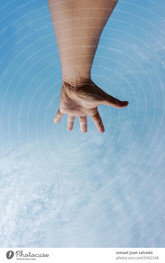man hand gesturing on the blue sky arm fingers skin palm palm of hand body part hand up hand raised arm raised touching feeling reaching pointing gesture