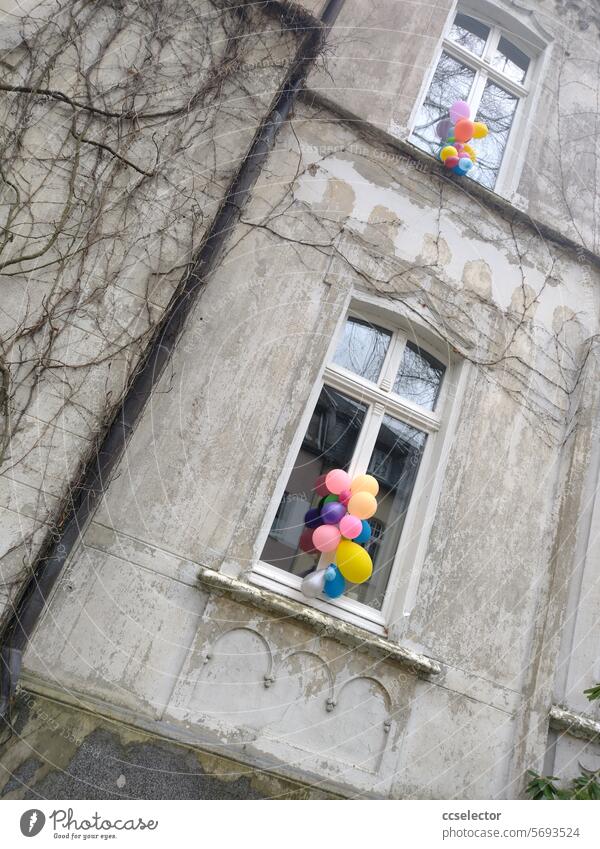 Colorful balloons attached to two windows of an old building from the Wilhelminian era. Balloon Period apartment Birthday Old buildings Founder Time House