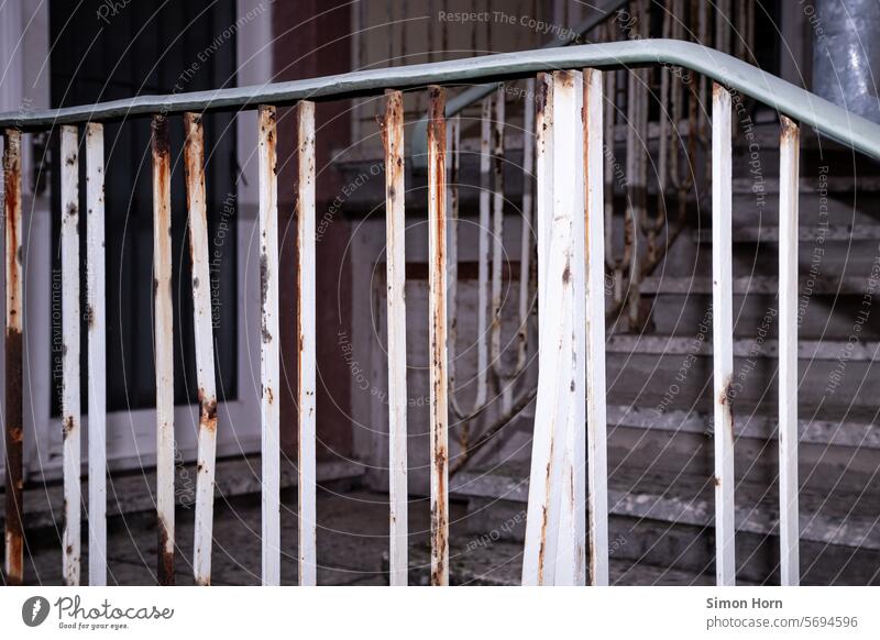 Stair railing with grating and shadows Rust rust Stairs Old Metal Decline Iron Banister Detail Ambiguous Upward forsake sb./sth. somber Building stagger
