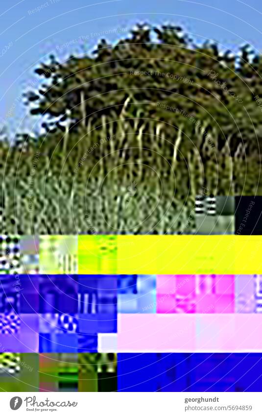 Incorrectly calculated photo, with different colored, pixelated squares, with a landscape image behind it. Out of focus. Disturbance Error pixels Grid Deferred