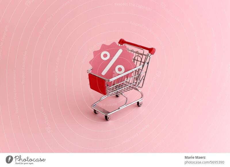 Shopping cart with sale sign Shopping Trolley Sale Closing-down sale Price tag Reduced Percent sign Offer Action Prices Trade Retail sector Supermarket