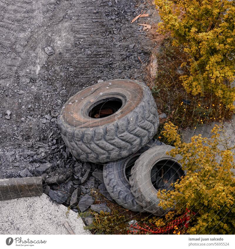 old tires abandoned on the street Old Abandoned abandoned place Street Deserted Ruin lost place Broken Tire
