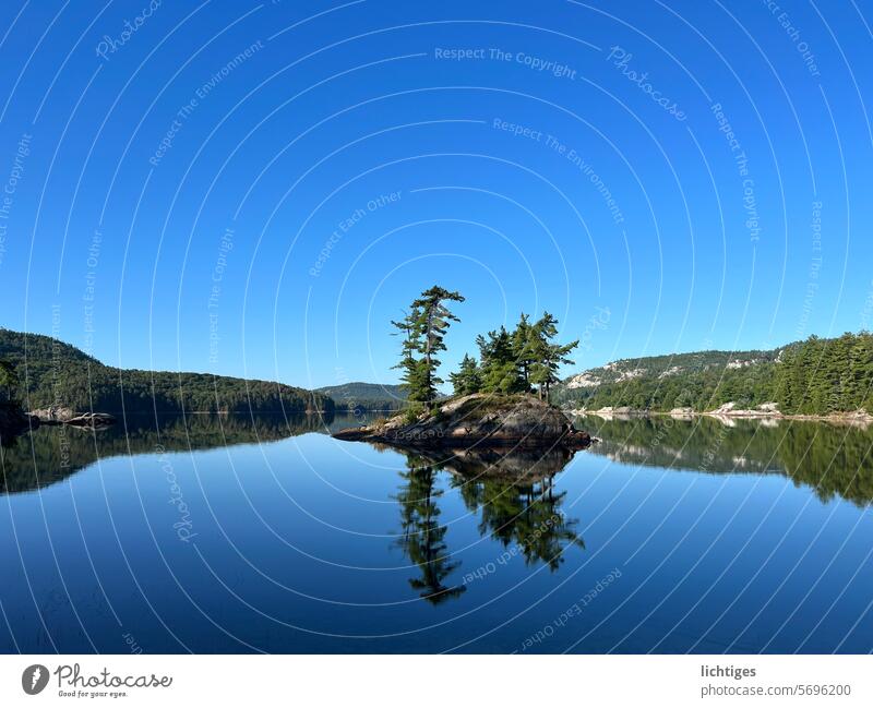 Lonely island in a Canadian lake Island Lake reflection Blue sky Freedom tranquillity silent lonely island