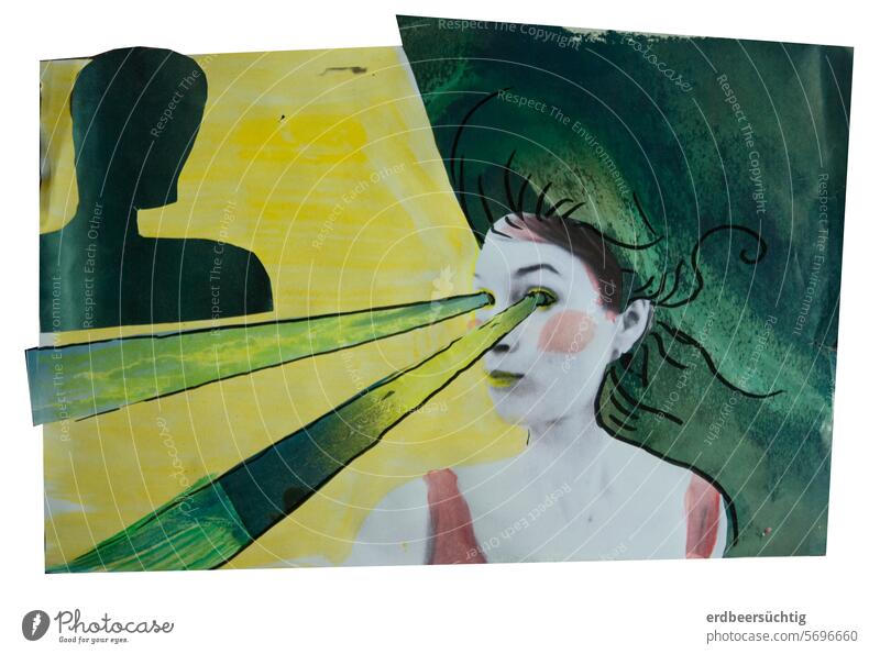 Laser vision! Collage with a female read person. She is looking to the left edge of the picture with green laser beam eyes against an abstract background