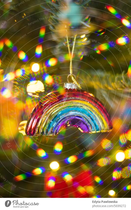 Rainbow Ornament Hanging on a Christmas Tree rainbow multi colored pride lgbt rainbow flag bike bicycle Decorating Close-up Christmas Ornament Decoration