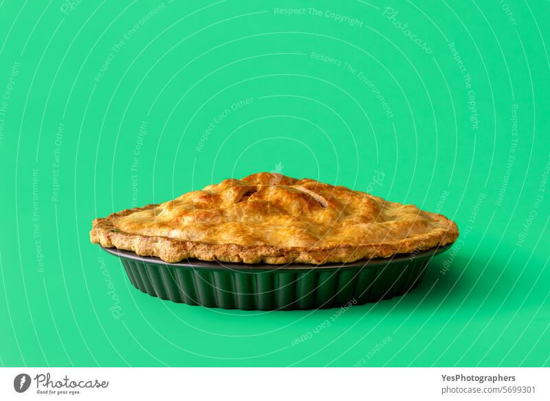 Apple pie close up, minimalist on a green background american apple baked bakery baking bright cake christmas color copy space crust cuisine delicious design