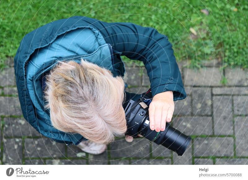 in search of the best motif ... Human being Woman photographer Bird's-eye view hair hairstyle camera Jacket out Exterior shot Blonde Paving stone Grass
