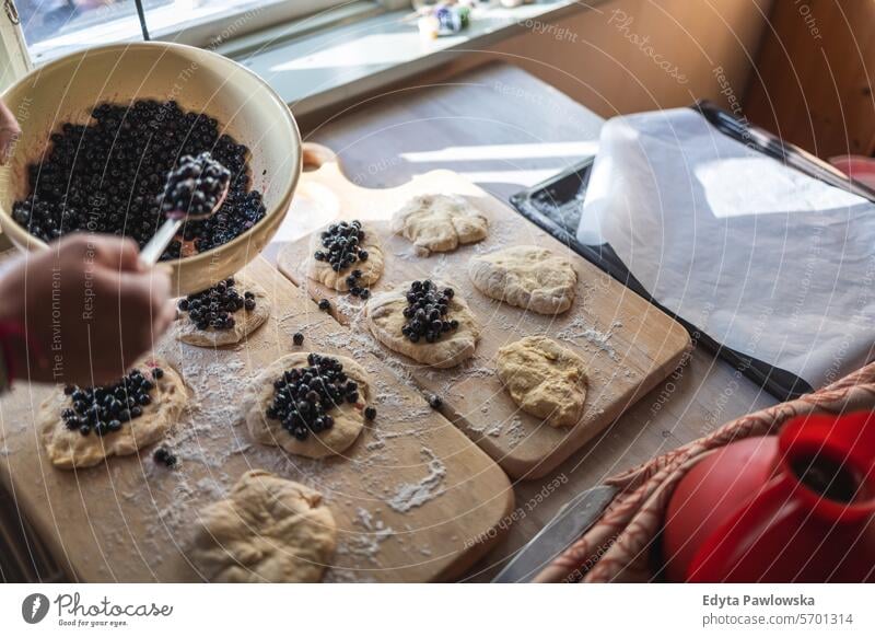 Woman preparing blueberry buns at home  (Jagodzianka - traditional Polish sweet bun filled with blueberries) flour Blueberry Berry Fruit Day Food Food and Drink