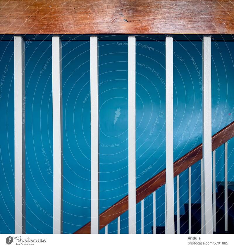Stair railing with blue wall Staircase (Hallway) Wall (building) Stairs Banister Architecture Building House (Residential Structure) Old Blue Interior shot Wood