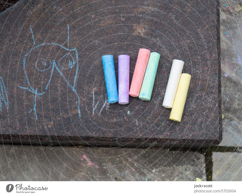 Cephalopod painted with blue chalk on stone Stick figure Drawing Chalk Creativity Stone Selection Colour Neutral Background Corner Simple drawing