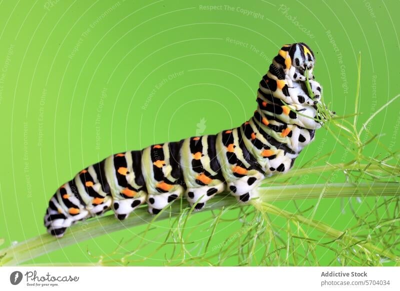 A Papilio machaon caterpillar, known as the Swallowtail butterfly larva, is shown in striking detail against a lime green background, with its distinctive pattern of black, white, and orange spots
